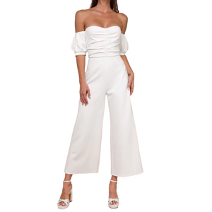 LULU’S Impress Release White Off-the-Shoulder Puff Sleeve Jumpsuit
